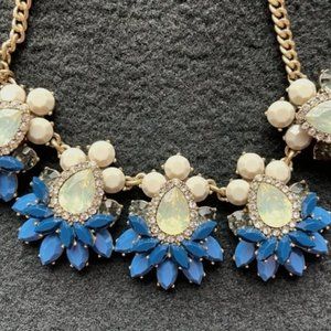 J Crew Gemstone Cluster Statement Necklace Teardrop Crystals Blue Beige Gold